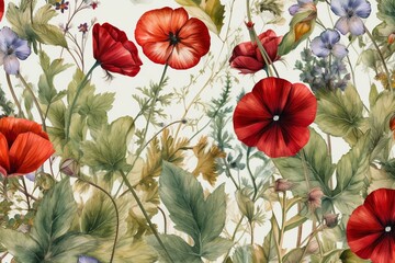 A seamless watercolor pattern with vibrant red wildflowers, leaves, and various plant species, including viola tricolor and poppies. Generative AI