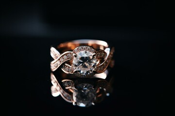 A diamond engagement ring intertwined with an eternity wedding band set against a black background. Generative AI