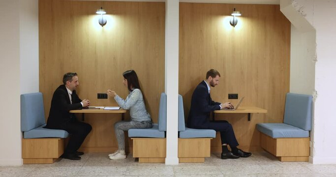 Freelance employees working in divided booths in contemporary co-working office space, sitting at workplace tables in small separate cabins, using laptop, meeting, for negotiations