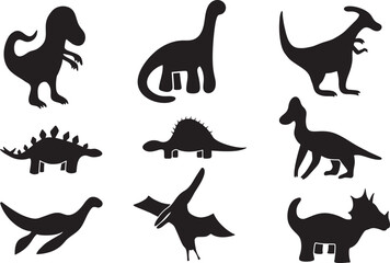 Various Dinosaur Silhouette Illustrations Including T Rex, Stegosaurus and Triceratops