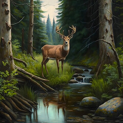 deer in the woods, Vintage oil painting style