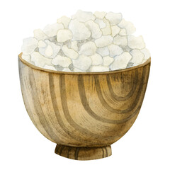 Watercolor rustic wooden bowl with cottage cheese illustration isolated on white background. Hand drawn clipart in brown beige colors for rural country side lifestyle designs, picnic, farm ranch life