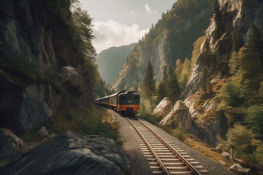 Train Traversing Picturesque Mountain Gorge Via Railway. Generative AI