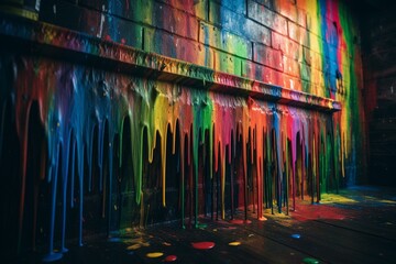 Rainbow paint splatter drips on wall background. Generative AI