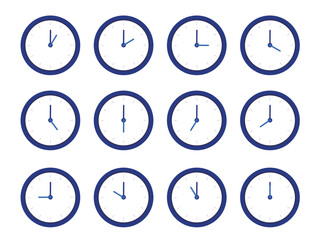 Clock or Timer vector icons set. wall clock for every hours, world international time.