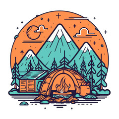 camping mountains fire simple outline