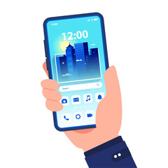 Hand holding mobile phone with home screen.Touchscreen with search bar.City vector illustration