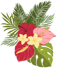 Tropical floral bouquet clipart. Wedding flower wreath illustration png file, jungle green leaves and flowers drawing. Design for birthday invitation, wedding and greeting cards