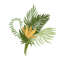 Tropical floral bouquet clipart. Wedding flower wreath illustration png file, jungle green leaves and flowers drawing. Design for birthday invitation, wedding and greeting cards