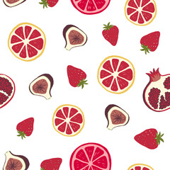 Hand painted digital gouache tropical fruits seamless pattern with exotic fruits- lemon, grapefruit, strawberry on white background. Floral pattern for wallpaper, scrapbooking, wrapping paper