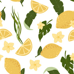 Hand painted digital gouache tropical fruits seamless pattern with lemon, yellow tropical flower, palm leaves on white background. Floral pattern for wallpaper, scrapbooking, wrapping paper