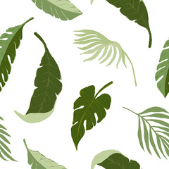 Fototapeta na wymiar Hand painted digital gouache tropical greenery seamless pattern, exotic palm leaves on white background. Palm and banana leaves, jungle leaves. Floral pattern for wallpaper, scrapbooking, wrapping