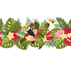 Hand painted digital gouache tropical seamless border with exotic palm leaves, toucan, parrots on white background. Palm leaves, jungle leaves. Floral pattern for wallpaper, scrapbooking, wrapping