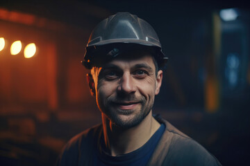 Portrait of male worker at a metallurgical factory. Generative AI
