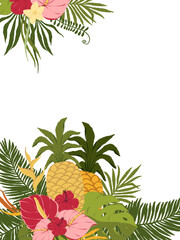 Fototapeta premium Tropical flowers and leaves wedding frame with orchid, emerald monstera, jungle palm leaves illustrations. Exotic summer wedding invitations. Frame is isolated on transparent background