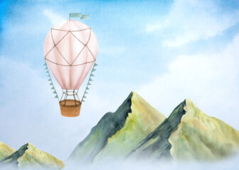 Watercolor illustration of picturesque green mountains with blue sky and vintage hot air balloon or aerostat © dakora