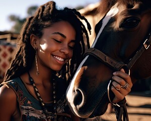 Portrait of an AfricanAmerican girl holding a horse by the bridle created with Generative AI technology - obrazy, fototapety, plakaty