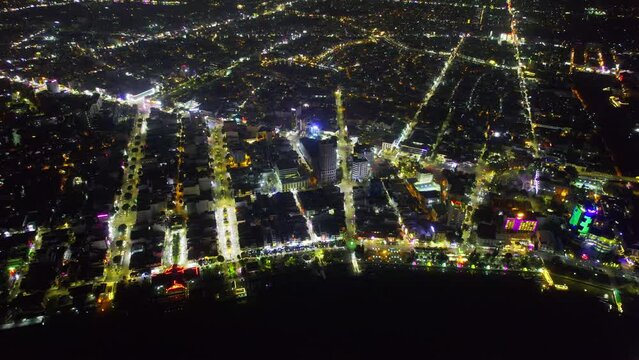 Aerial view of Can Tho city, Vietnam at night. This is a large city in Mekong Delta, developing infrastructure, population, and agricultural product trading center of Vietnam