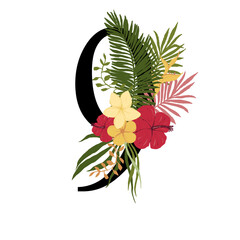 Tropical floral number 9 with bouquet png clipart. Wedding flower monogram png file, jungle green leaves and flowers drawing for wedding and greeting cards, logotype
