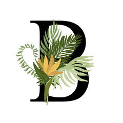 Tropical floral letter B with bouquet png clipart. Wedding flower monograme png file, jungle green leaves and flowers drawing for wedding and greeting cards, logotype
