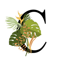Tropical floral letter C with bouquet png clipart. Wedding flower monograme png file, jungle green leaves and flowers drawing for wedding and greeting cards, logotype

