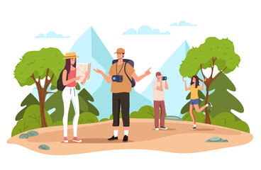 Fototapeta premium Tourist map hiking travel nature summer trail forest concept. Vector graphic design illustration