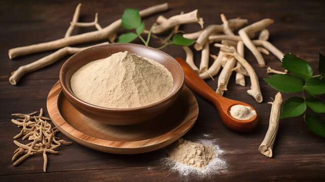 Ashwagandha powder and roots, Generative AI	
