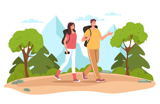 hikers walking in nature, cartoon style clip art preview