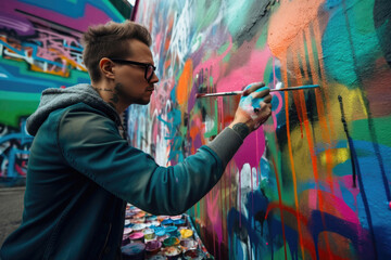 A portrait of a street artist painting a mural on a wall. Generative AI