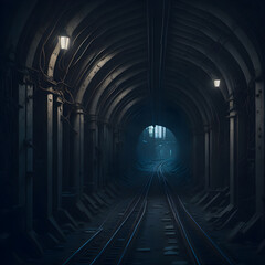 Old Grunge Train Tunnel Apocalyptic Rough Huge Corridor Metal Structure And Cables Dark Night Basement Shelter Railroad Tracks Generative Ai