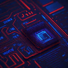 Cyber Computer Cpu Chip Motherboard Closeup Macro Red Lights Working Elecricity Smart Device Technology Generative Ai