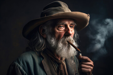 A portrait of an old man with a cowboy hat smoking a pipe. Generative AI