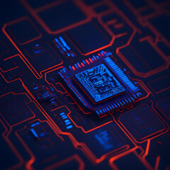 Cyber Computer Cpu Chip Motherboard Closeup Macro Red Lights Working Elecricity Smart Device Technology Generative Ai