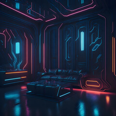 Obraz premium Sci Fi Cyberpunk Steampunk Synthwave Dark Neon Laser Glowing Lights Living Room Leather Sofa Room With Metal Pipes and Cables Futuristic Technology Generative Ai