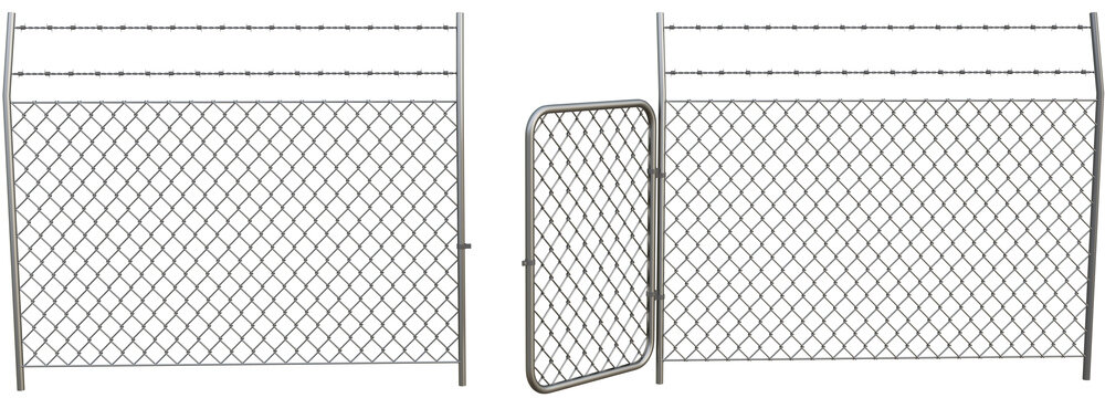 Metal chain link fences and open metal door. Png Transparent Illustration