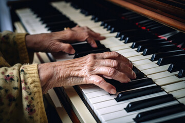 Obraz premium Close-up shot of an elderly menopausal woman playing the piano as a hobby. Generative AI