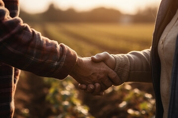 Female farmer handshake with partner on wheat field, deal agreement concept, Agriculture. created with Generative AI Technology - 595538556