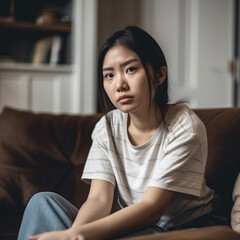 Obraz premium Sad asian woman sits on couch, created with Generative AI Technology