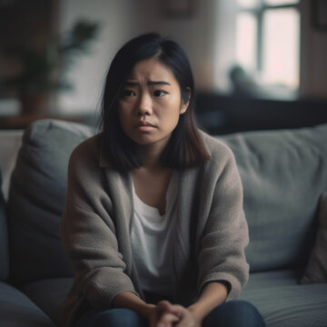 Sad asian woman sits on couch, created with Generative AI Technology