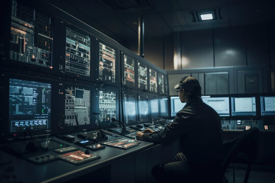 RealTime Surveillance, Security Guard Or Officer At Central Control Panel. Generative AI