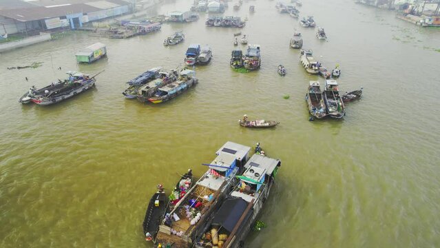 Cai Rang floating market, Can Tho, Vietnam, aerial view. Cai Rang is famous market in mekong delta, Vietnam.