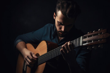Obraz na płótnie Canvas Portrait of a musician playing the guitar. Generative AI