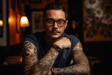 Portrait of professional creative tattoo master. Generative AI