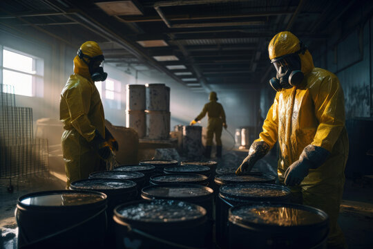 Workers in yellow protection suits and respiratory full face masks carrying aggressive substances or hazardous materials for chemical industry. Generative AI