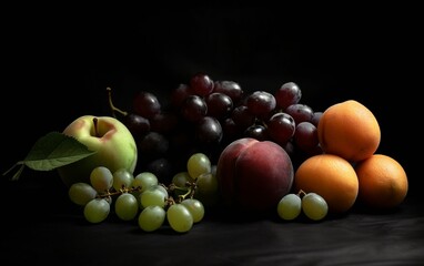 Fresh and healthy grapes, peaches, and various fruits, nicely arranged. Created with generative AI technology