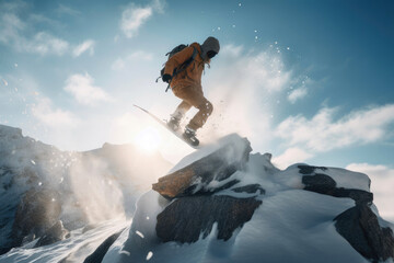 Naklejka na ściany i meble Snowboarder jumping through air with deep blue sky in background. Generative AI