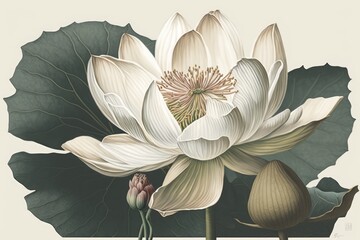 White Lotus Flowers Isolated, Water Lily, Tropical Lake Plant Drawing Imitation, Abstract Generative AI Illustration