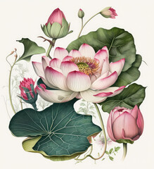 Pink Lotus Flowers Isolated, Water Lily, Tropical Lake Plant, Abstract Generative AI Illustration