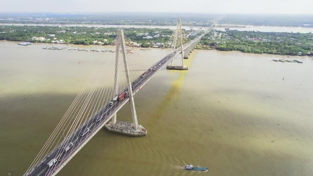 Aerial view of Rach Mieu bridge, Tien Giang, Vietnam. Rach Mieu bridge connects Tien Giang and Ben Tre provinces in the Mekong delta, Vietnam.