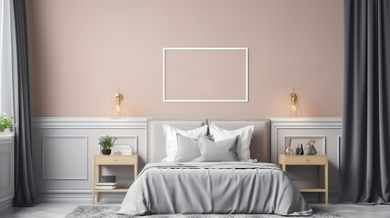 Frame mockup in bedroom interior, modern style, 3d render. Generative Ai
